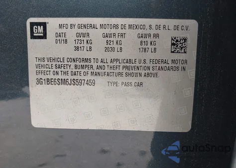 2018 Chevrolet Cruze Lt Auto из США, поврежденный, VIN 3G1BE6SM6JS597459